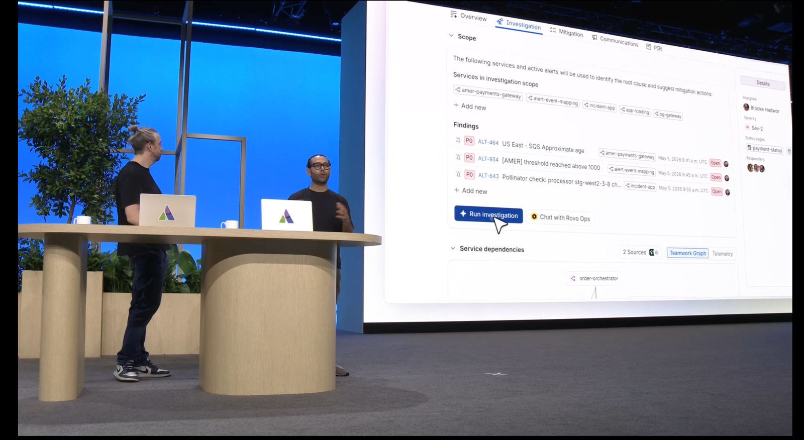 TEAM US keynote slide featuring Incident Command Center with Atlassian leadership on stage