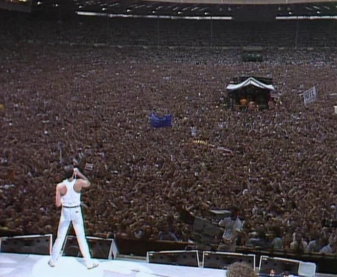 Freddie Mercury performing at Wembley Stadium, 1986