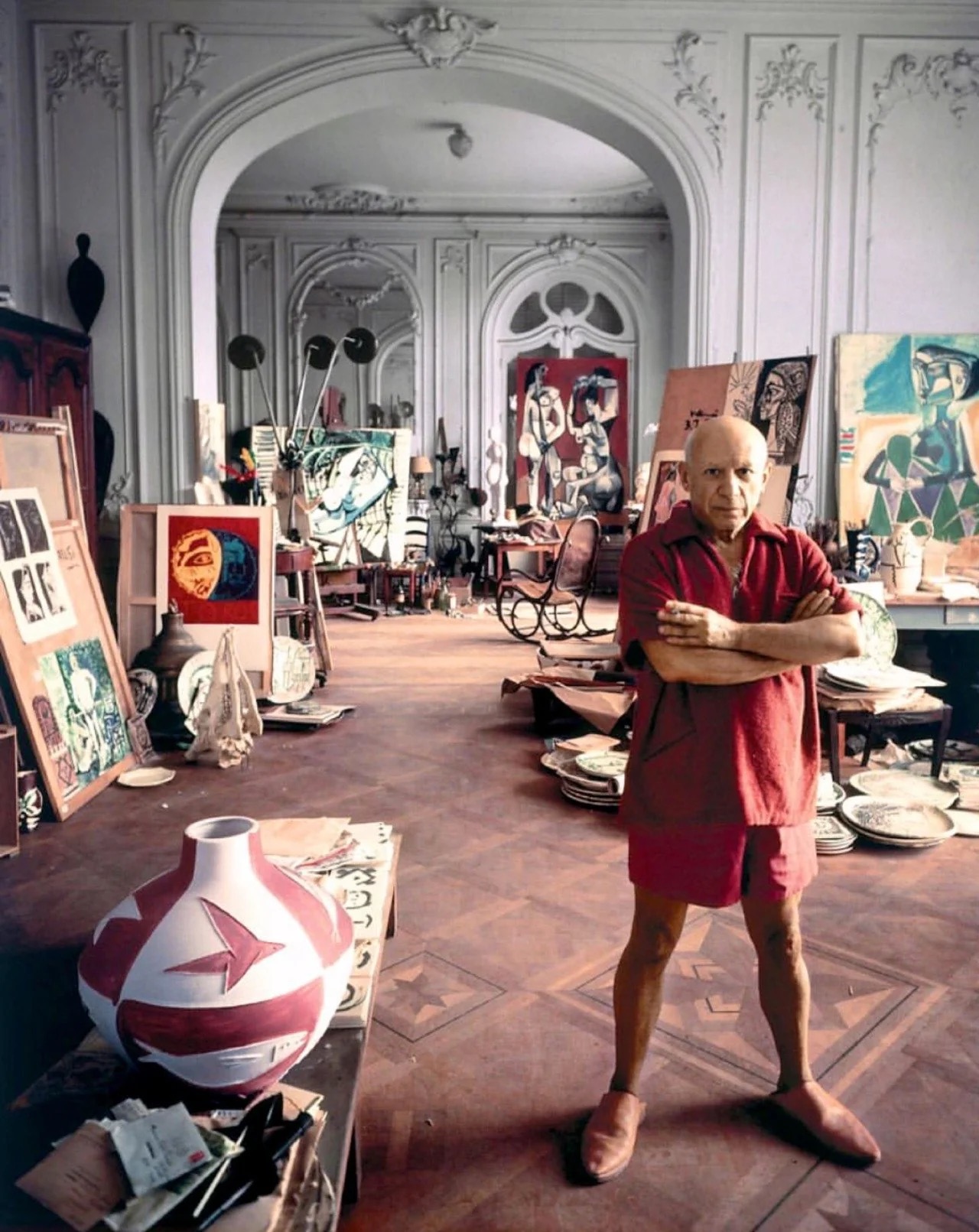 Pablo Picasso standing in his studio La Californie in Cannes, 1956