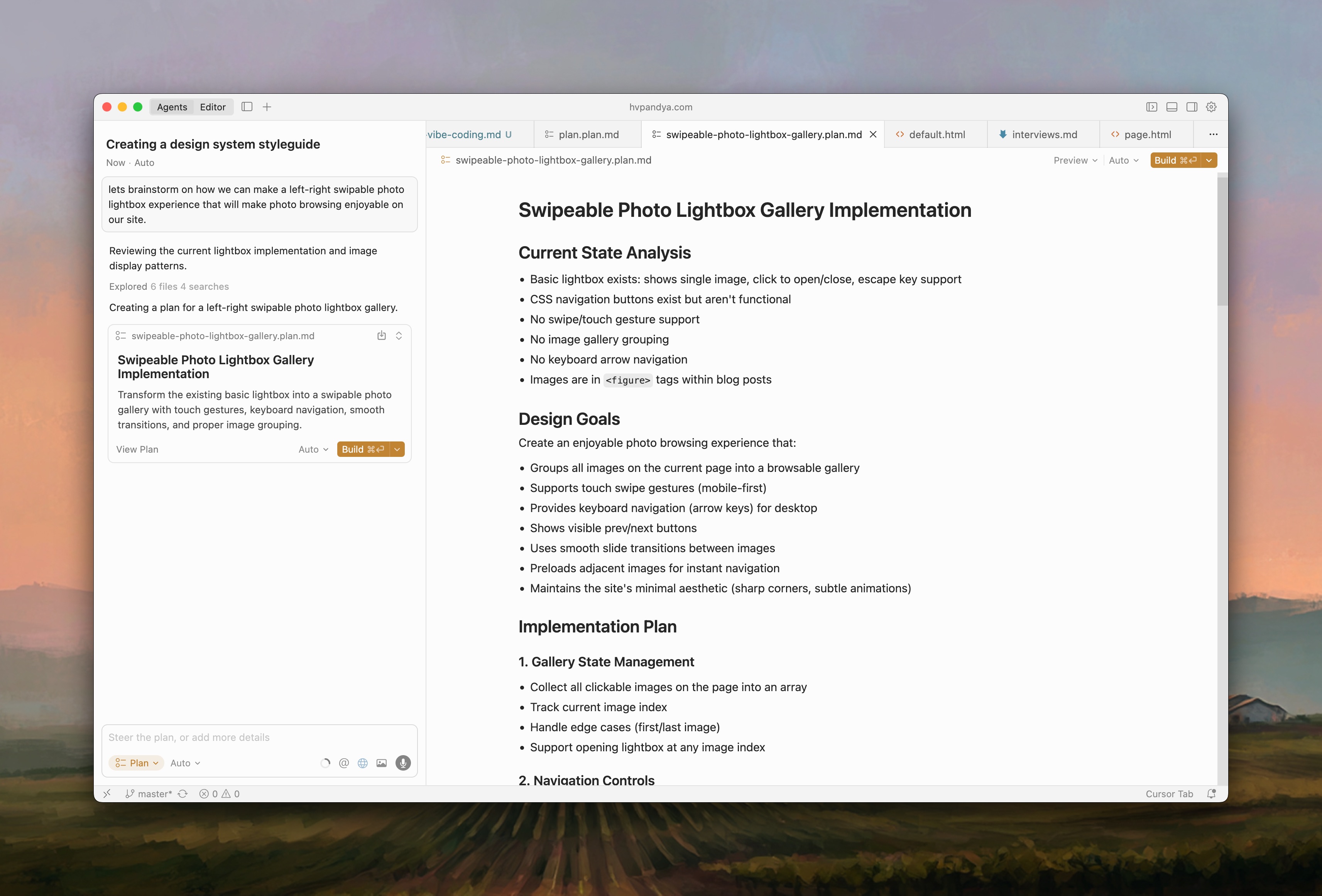 Cursor plan mode showing step-by-step approach before executing code changes